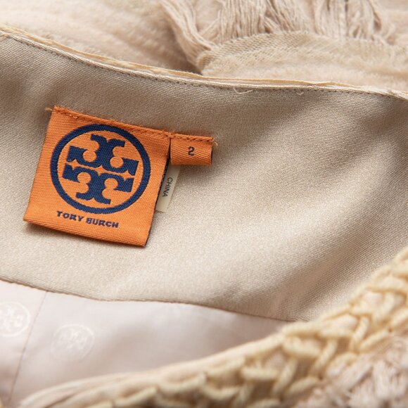 Tory Burch Julian Fringe Jacket Statement Coat Evening Silk Khaki Nude Size 2 - Picture 4 of 8